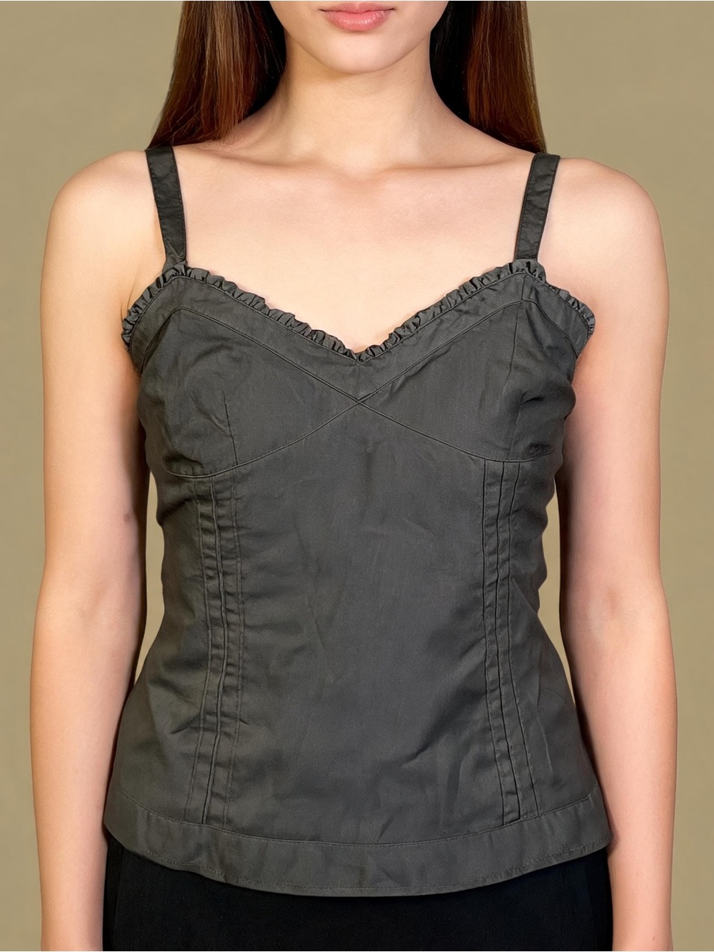 Loft Ann Taylor Petites chocolate brown corset top size 14P cotton ruffle pleats